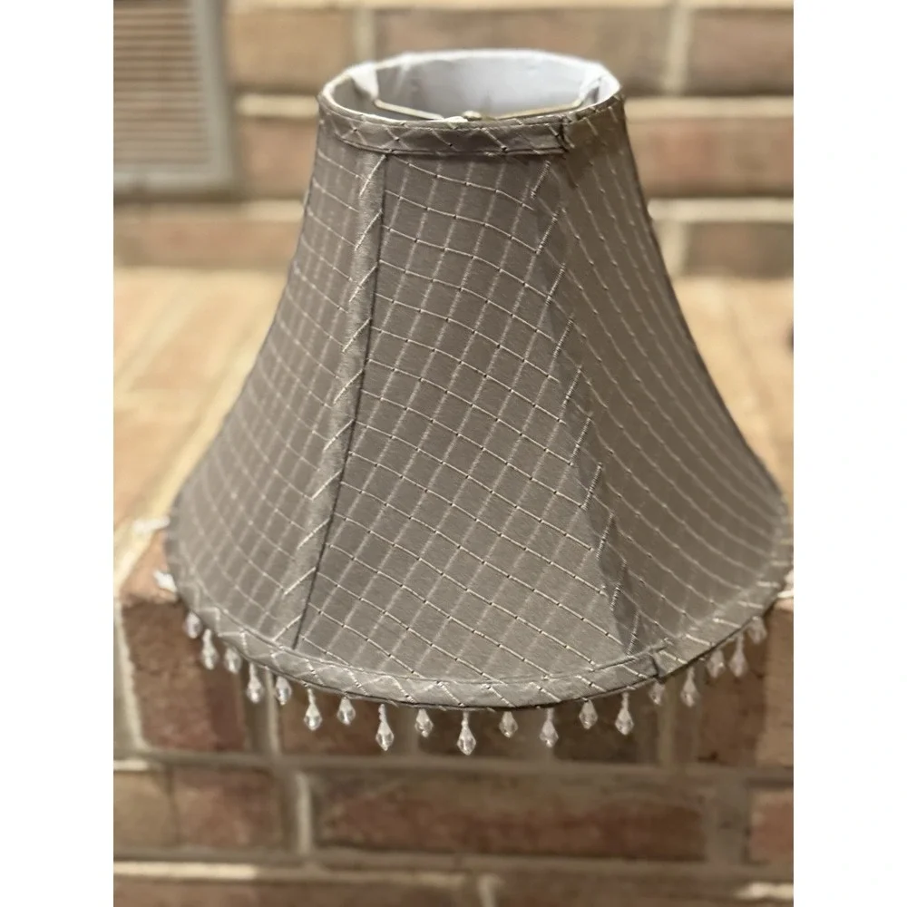 Lampshade Green/Tan Fabric With Beaded Trim Lined Drum 8.5''